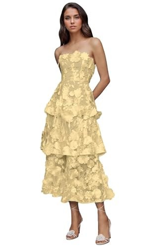 Embroidered Tulle Prom Dress for Women 3D Flower Tiered Maxi Wedding Guest Dress A-Line Strapless Gown Spring Summer Yellow 12 DR0738 | Amazon (US)