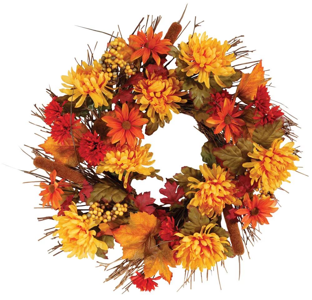 Fall Mum Wreath by OakRidge™, 18” Diameter, Silk Floral Autumn Home Décor for Indoor/Outdoor... | Walmart (US)