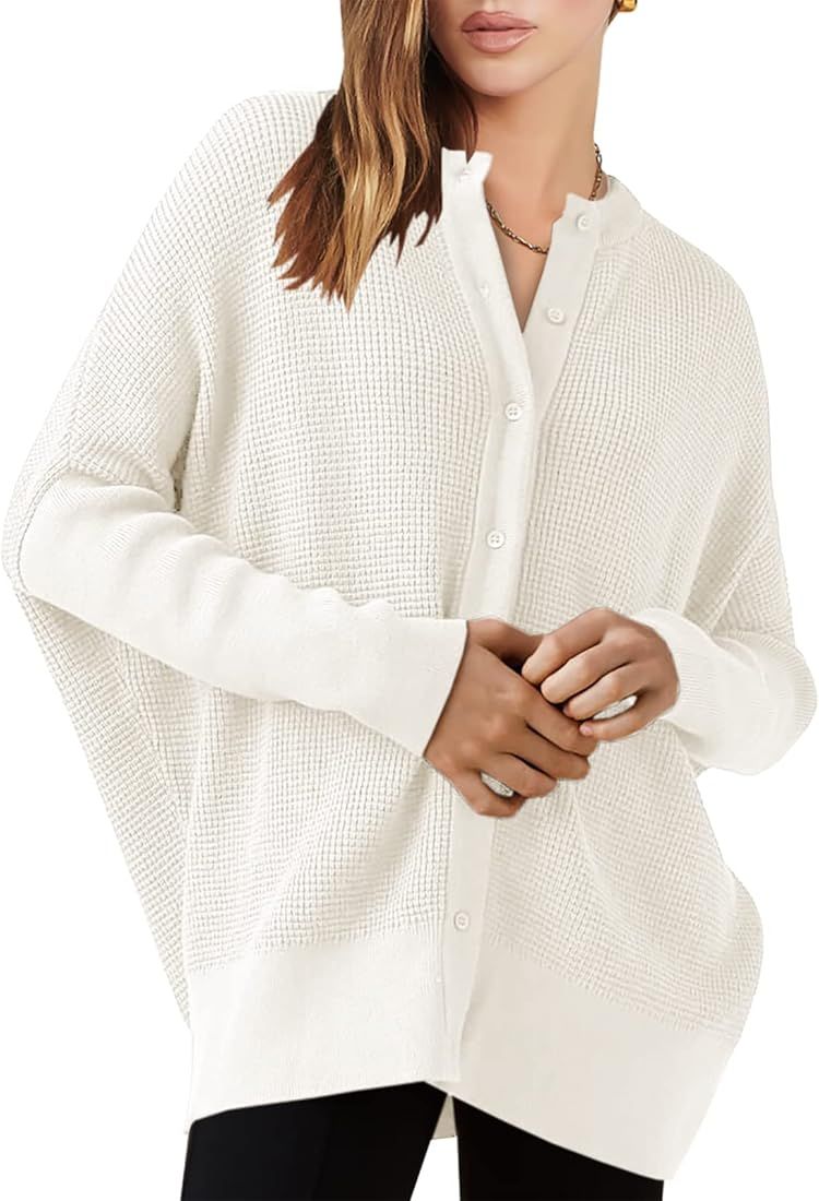 ANRABESS Women’s Long Sleeve Waffle Knit Sweater Button Down Open Front Casual Cardigan & Detached T | Amazon (US)