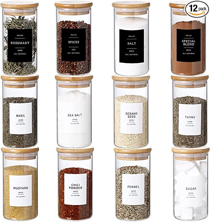 CZZGSM 12 Pcs Glass Spice Jars With 296 Spice Labels Preprinted of White and Black Color- 8oz Thi... | Amazon (US)