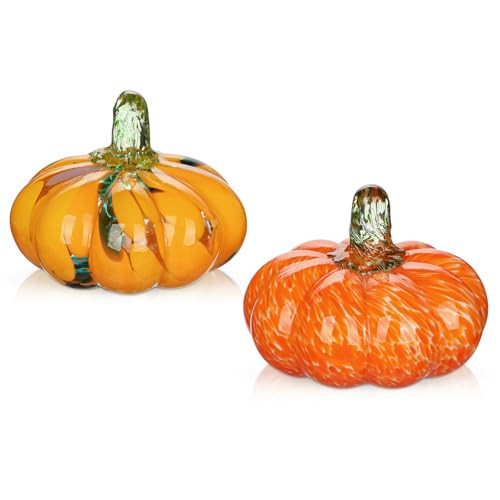 Glass Pumpkin Fall Decor Set – 2 PCS Handblown Pumpkins for Autumn Decorations, Halloween, Thanksgiving, Harvest Table Centerpiece, Mantel Fall Accents | Amazon (US)