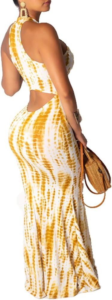Women's Sleeveless Halter Neck Hollow Out Vintage Floral Print Party Beach Evening Long Maxi Dres... | Amazon (US)