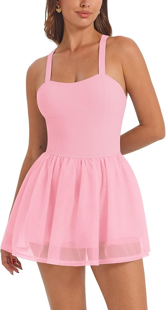 ABOCIW Womns Mesh Hem Tennis Dress Built in Bra and Shorts Cross Back Workout Golf Athletic Dress... | Amazon (US)