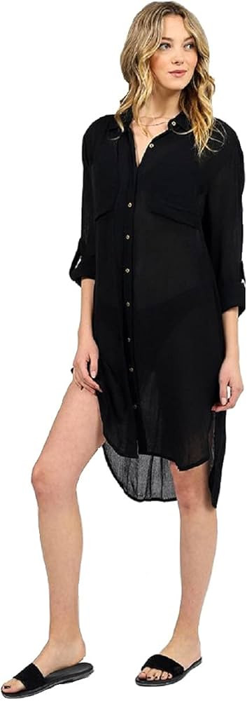 NFASHIONSO Women's V-Neck Swimsuit Beach Cover Up Shirt Bikini Beachwear Bathing Suit Beach Dress | Amazon (US)