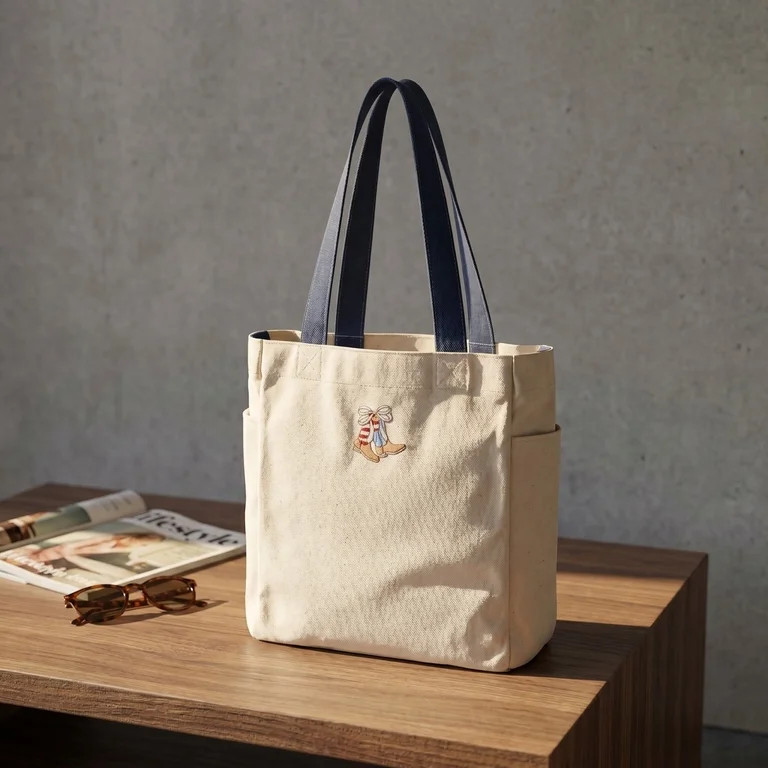 Embroidered Canvas Tote Bag with Cowboy Boots Design - Reusable Grocery Shopping Bag with Side Po... | Walmart (US)