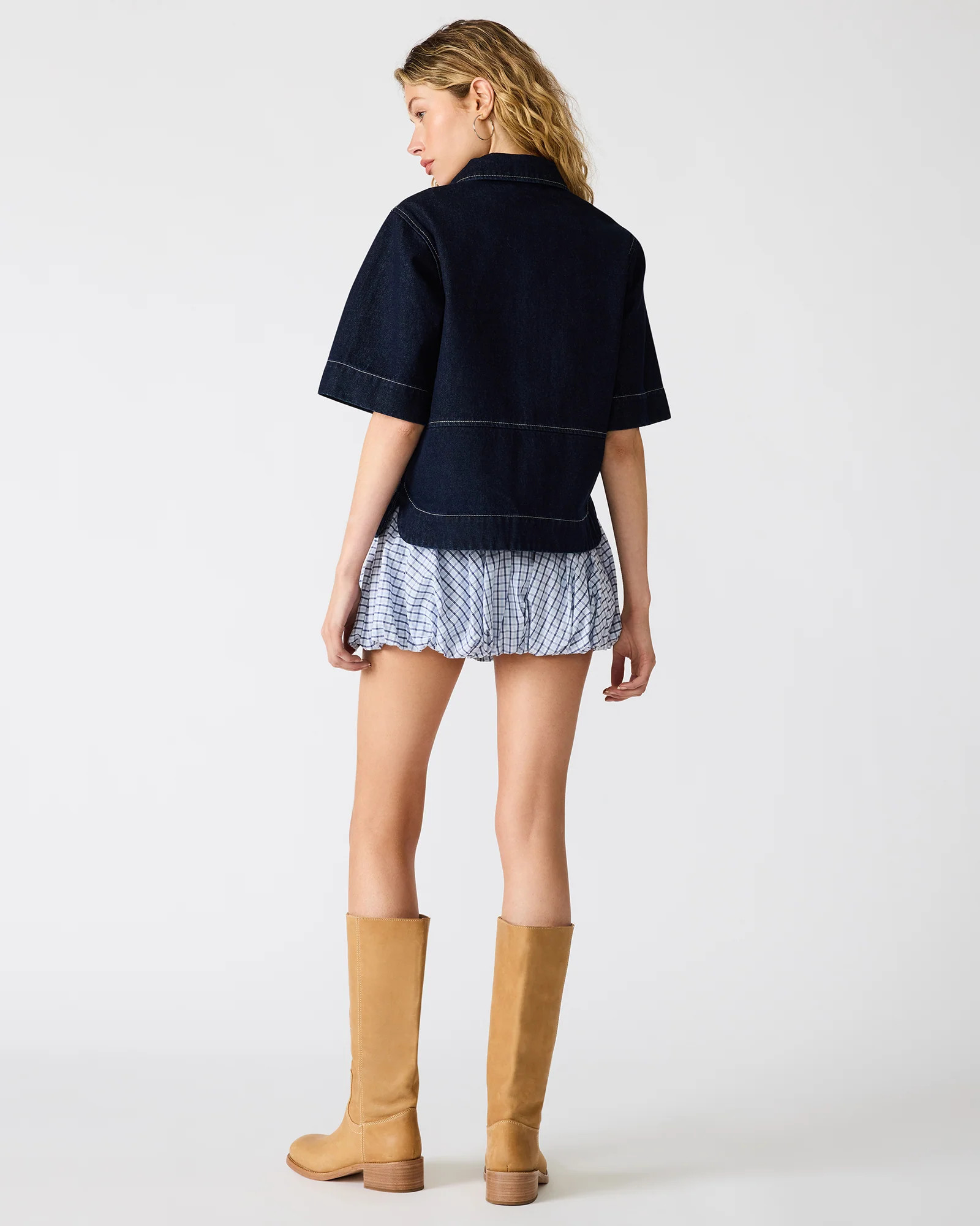 ELIANA Bijou Blue Short-Sleeved Button-Up Denim Women's Top | Steve Madden (US)