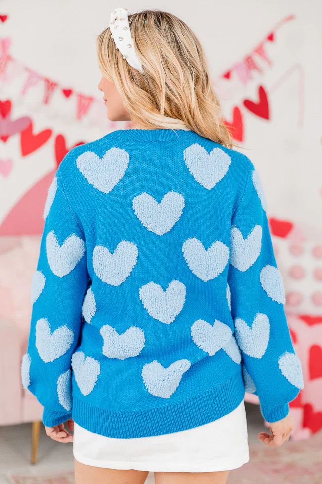 I'll Be There Blue Fuzzy Heart Sweater | Pink Lily