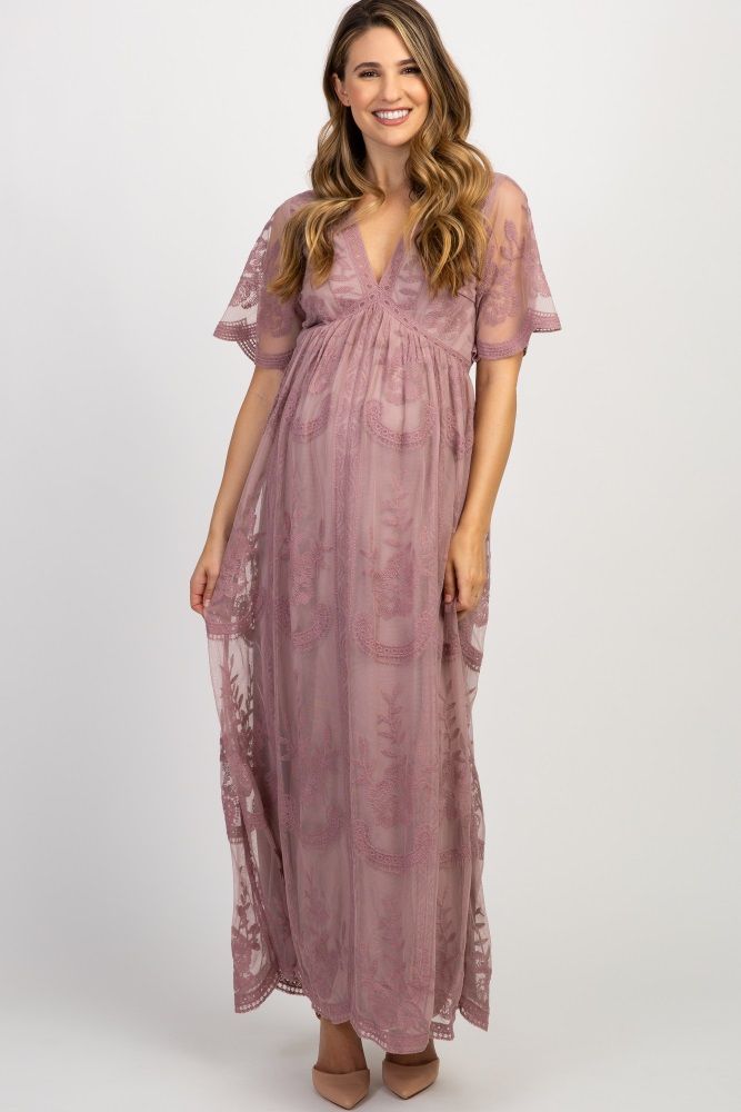 Light Pink Lace Mesh Overlay Maternity Maxi Dress | PinkBlush Maternity
