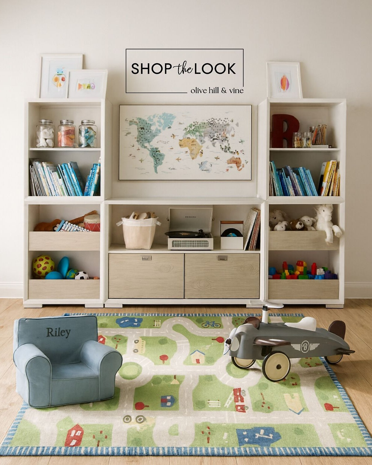 Bring style and function together in this playful setup! A mix of open shelves and hidden storage keeps things tidy, while the road rug, ride-on airplane, world map art, and personalized chair spark endless adventures. 

 

#LTKHome #LTKKids #LTKFamily