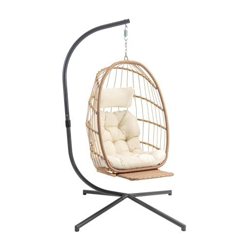 Yechen Hanging Egg Chair with Stand and Footrest for Indoor Outdoor, Foldable Wicker Rattan Patio Egg Swing Chairs Hammock Egg Chair with UV Resistant Cushion for Bedroom Porch, 350 Lbs Capacity | Amazon (US)