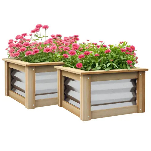 Outsunny Raised Set of, Stock Tanks for Growing Flowers, Metal Reinforced with Wood, Planters for Plants in Natural And Silver at Nordstrom | Nordstrom