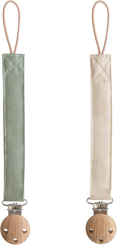 mushie Linen Baby Pacifier Clip Holder | Soft Fabric Strap, 2-Pack (Olive/Shifting Sand) | Amazon (US)