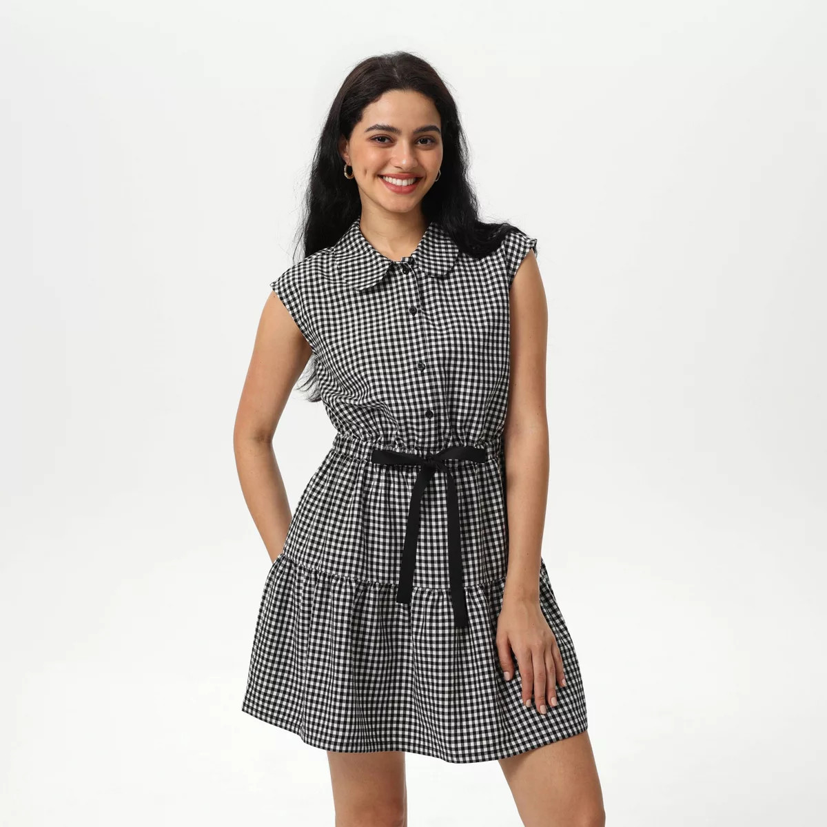 Women's Mini Cap Sleeve Elastic Waistband Mini Dress - Wild Fable™ Black Gingham | Target