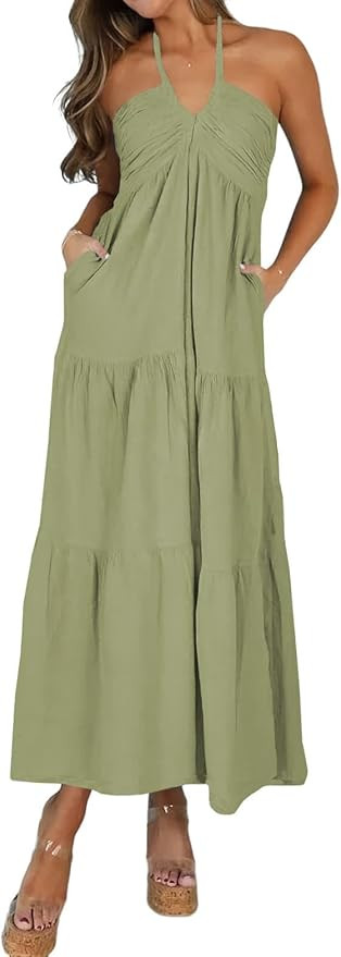 Women's Casual Halter Tiered Vacation Maxi Dress with Pockets | Amazon (US)