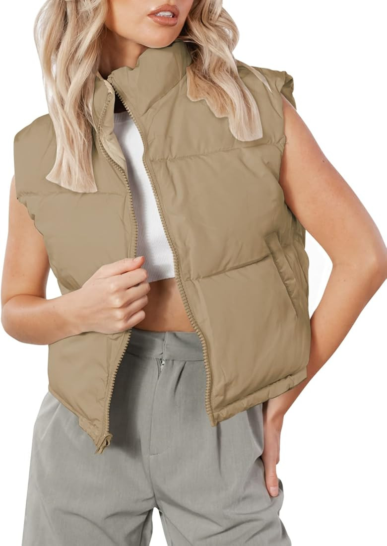WOTOZR Women's Cropped Puffer Vest Zip Up Sleeveless Quilted Down Jacket Coats Padded Gilet with ... | Amazon (US)
