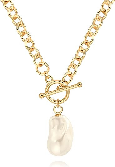 18k Gold Chain Link Necklace for Women, Baroque Pearl/Compass Pendant Necklace | Amazon (US)