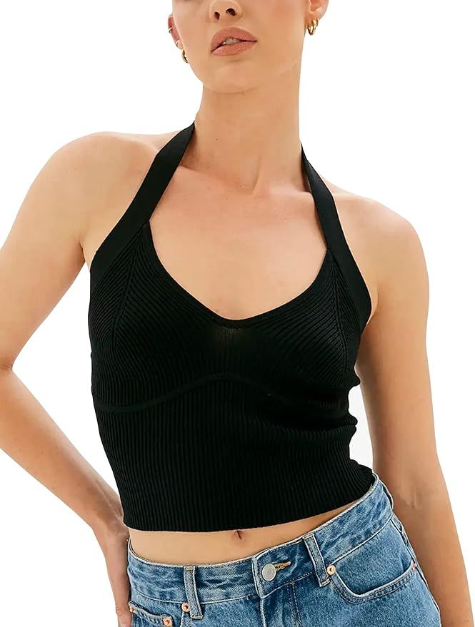 Meladyan Women V Neck Halter Tops Sexy Backless Sleeveless Rib Knit Halter Crop Tank Tops Solid B... | Amazon (US)