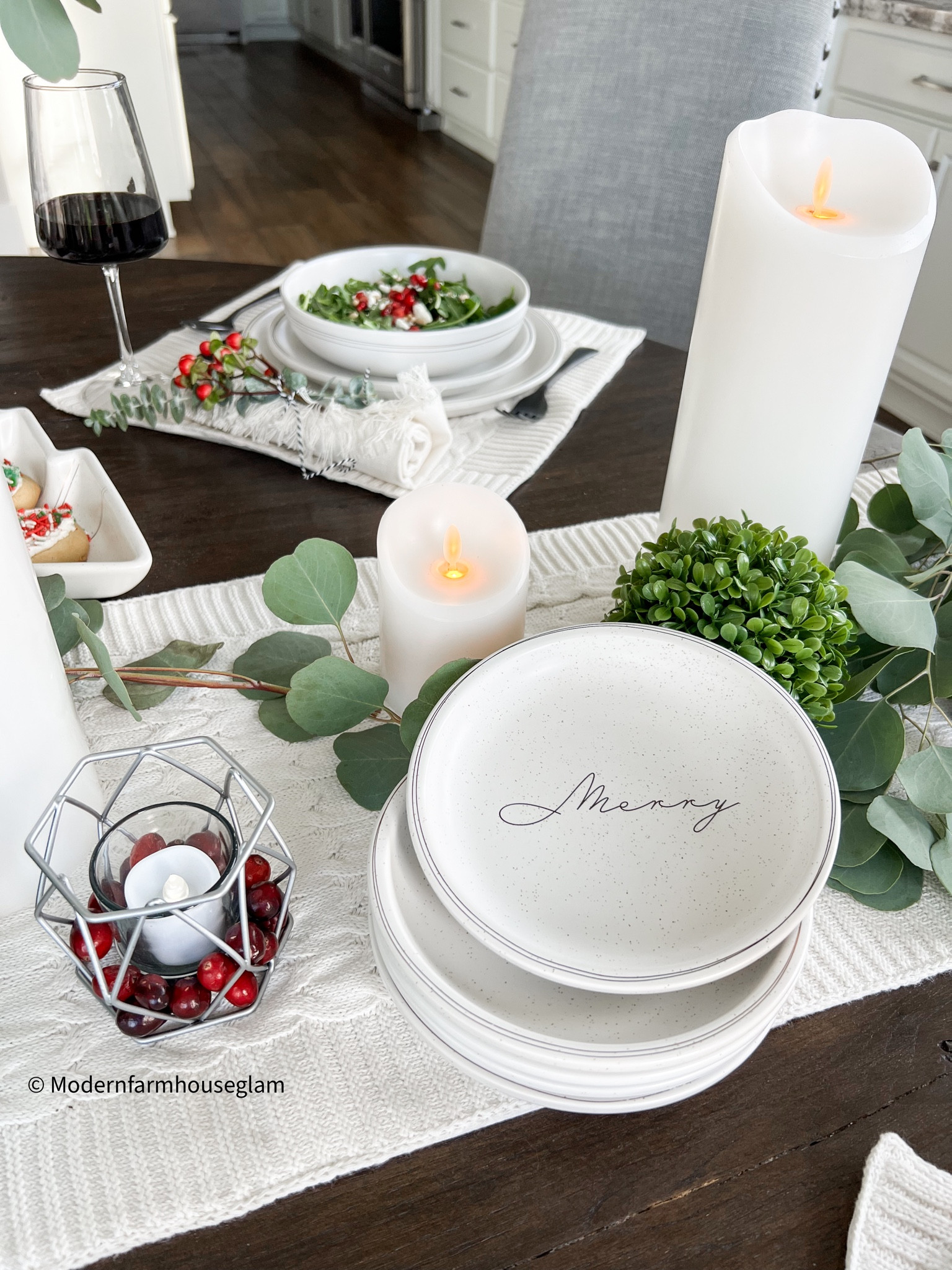 Christmas Tablescape at Modern Farmhouse Glam

Holiday plates, dishes, dinnerware, black mat, silverware, flameless, candles, candles on timers, green topiary, boxwood, ball, candles, net, table, runner, white cable, sweater, net, cozy place mats, bowls, wine, glasses , christmas tree, Better Homes & Gardens Walmart kitchen dining room tabletop

#LTKhome #LTKSeasonal #LTKHoliday