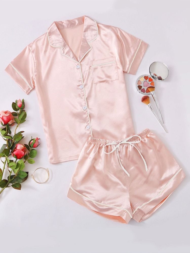 Contrast Binding Tie Front Satin PJ Set | SHEIN