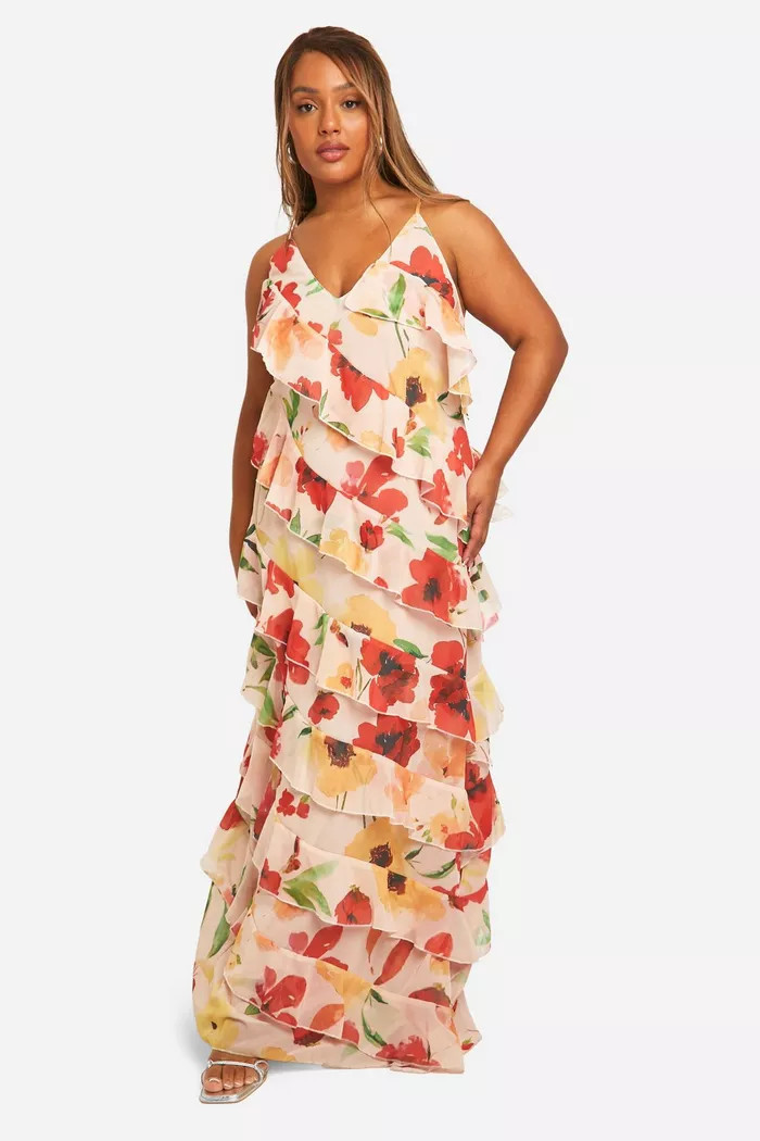 Plus Floral Printed Ruffle Strap Maxi Dress | Boohoo.com (UK & IE)