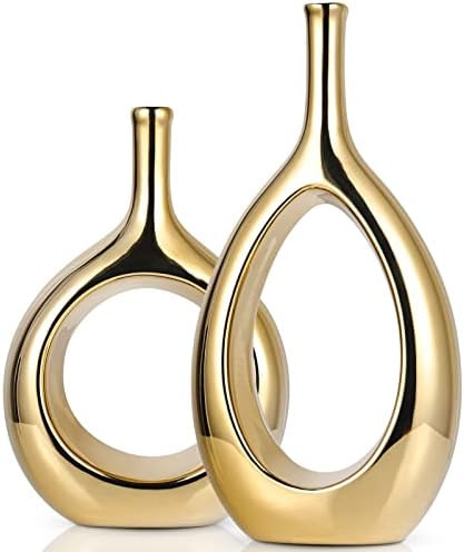Glossy Gold Vase Ceramic Gold Vases Home Decor,Modern Minimalist Circle with Hole Decorative Vase... | Amazon (US)