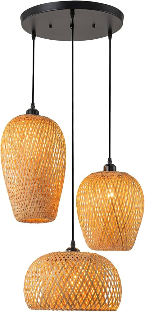 Rattan Pendant Light Bamboo Hanging Light 3-Lights Boho Pendant Light Fixture Woven Basket Wicker... | Amazon (US)
