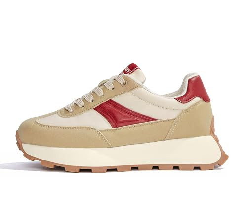 LUCKY STEP Women's Platform Retro Sneakers Classic Trainers Casual Footwear Tennis Running Chunky Lace-up Stylish Walking Shoes(Brown/Red,6.5) | Amazon (US)