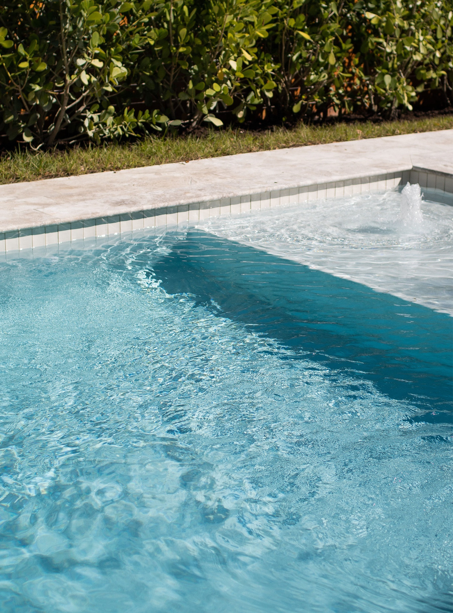 Pool, waterline tile, Home Depot, subway tile, cream tile
