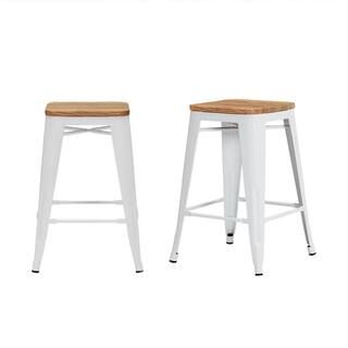 Finwick White Metal Backless Counter Stool with Natural Wood Seat (Set of 2) | The Home Depot