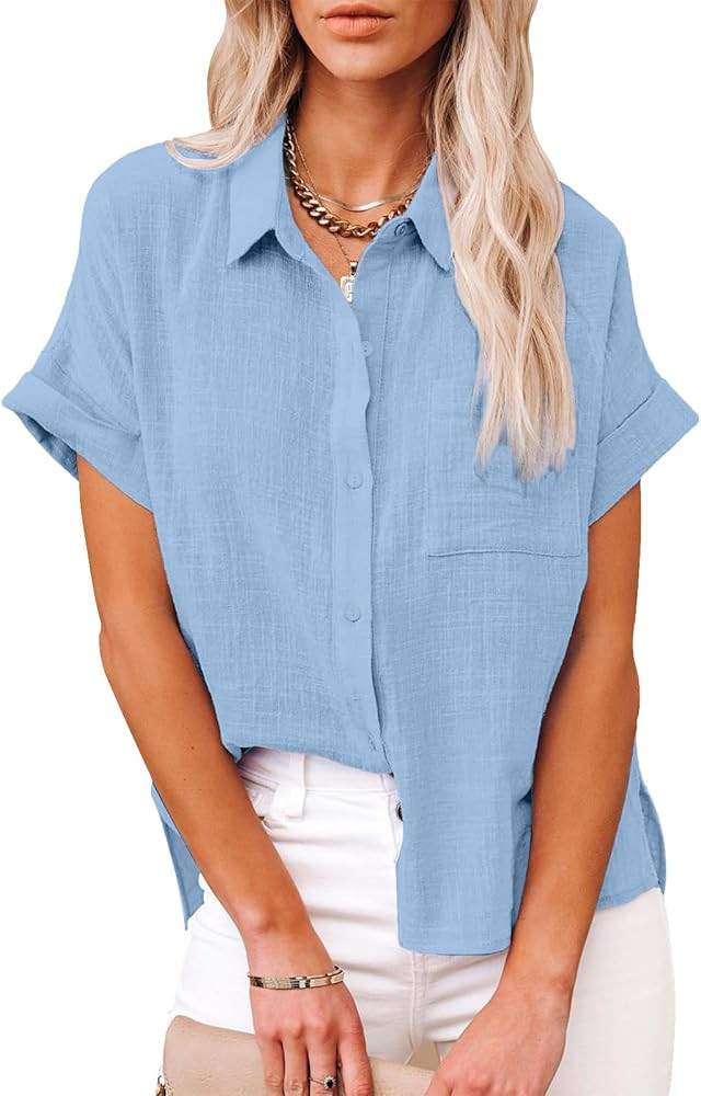Womens Cotton Linen Button Down Shirts Short Sleeve Dress Shirts Casual Summer Tops Blouses with ... | Amazon (US)