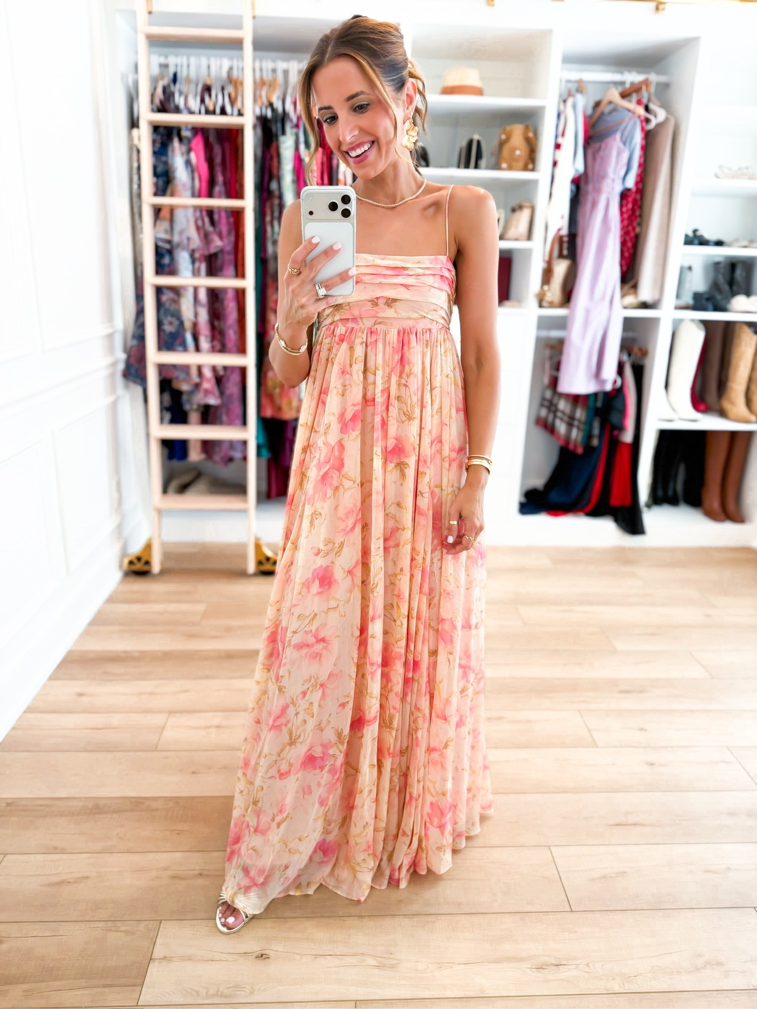 The prettiest cocktail dress for a summer wedding or fall wedding. Floral maxi dress in XS - size down if in-between. Party dress. Dinner dress. Semi formal dress. Garden wedding. Gold heels are TTS.

#LTKootd #LTKTravel #LTKWedding
