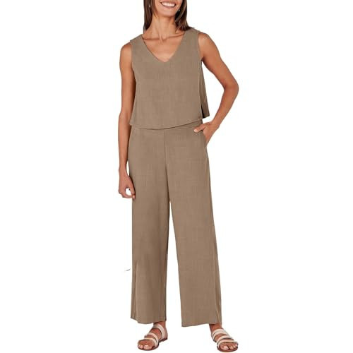 Conjuntos De 2 Piezas para Mujer Two Piece Linen Sets for Women Sleeveless Crop Tank and Wide Long Pants Solid Color Top Suit Casual Outfits Comfy Suit Lounge Sets for Women (Coffee M) | Amazon (US)