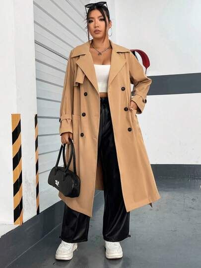 SHEIN EZwear Plus Double Breasted Belted Trench Coat | SHEIN