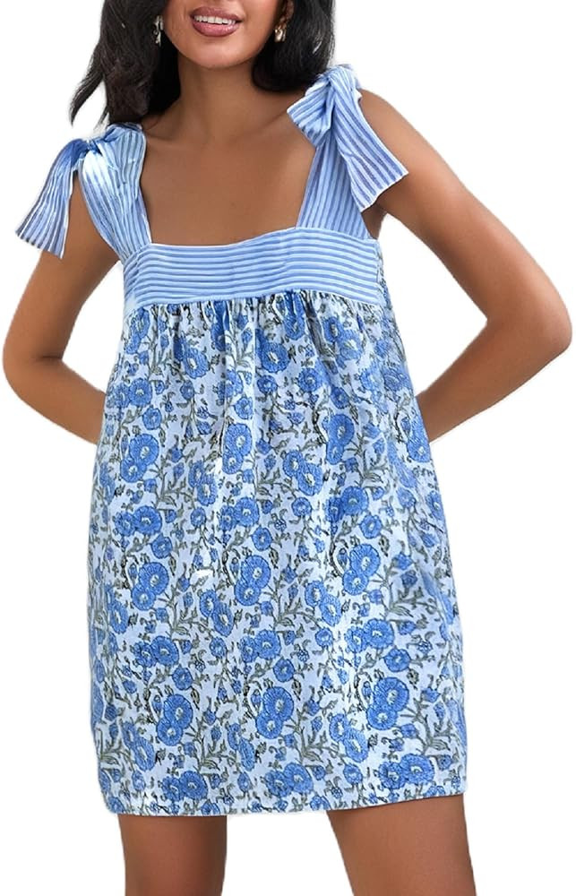 Women Floral Tie Shoulder Mini Dress Cute Square Neck Loose Fit Beach Short Dress Backless Boho V... | Amazon (US)