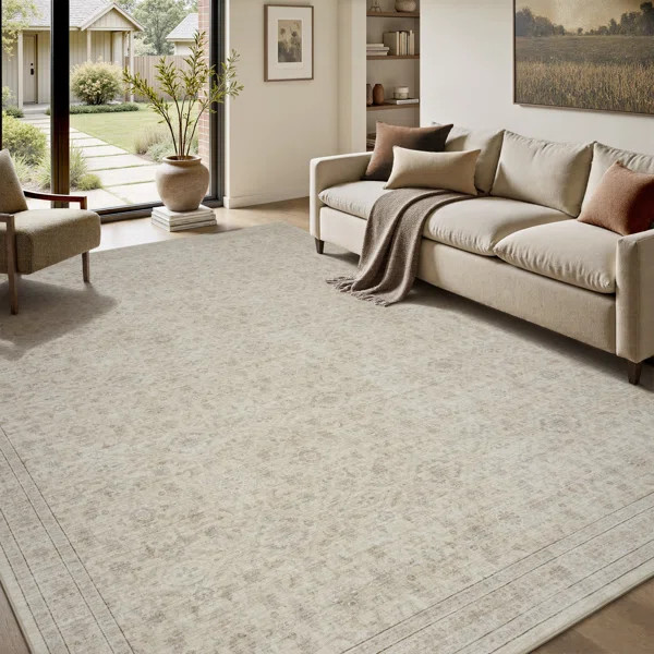 Beige Vintage-Inspired Washable Non-Slip Area Rug For Living Room, Bedroom | Wayfair North America