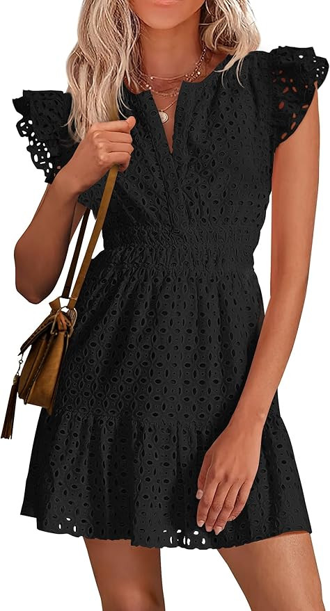 PRETTYGARDEN Women's 2026 Summer Sundresses Eyelet Cap Sleeve V Neck Short Boho Wedding Guest Dre... | Amazon (US)