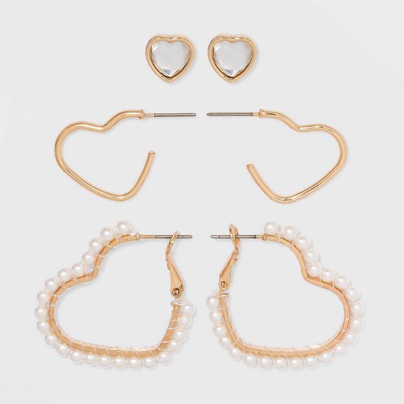 Girls' 3pk Pearl Hearts Earrings - art class™ Gold | Target