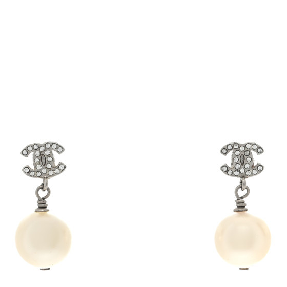 Crystal Pearl CC Drop Earrings Silver Pearly White | FASHIONPHILE (US)