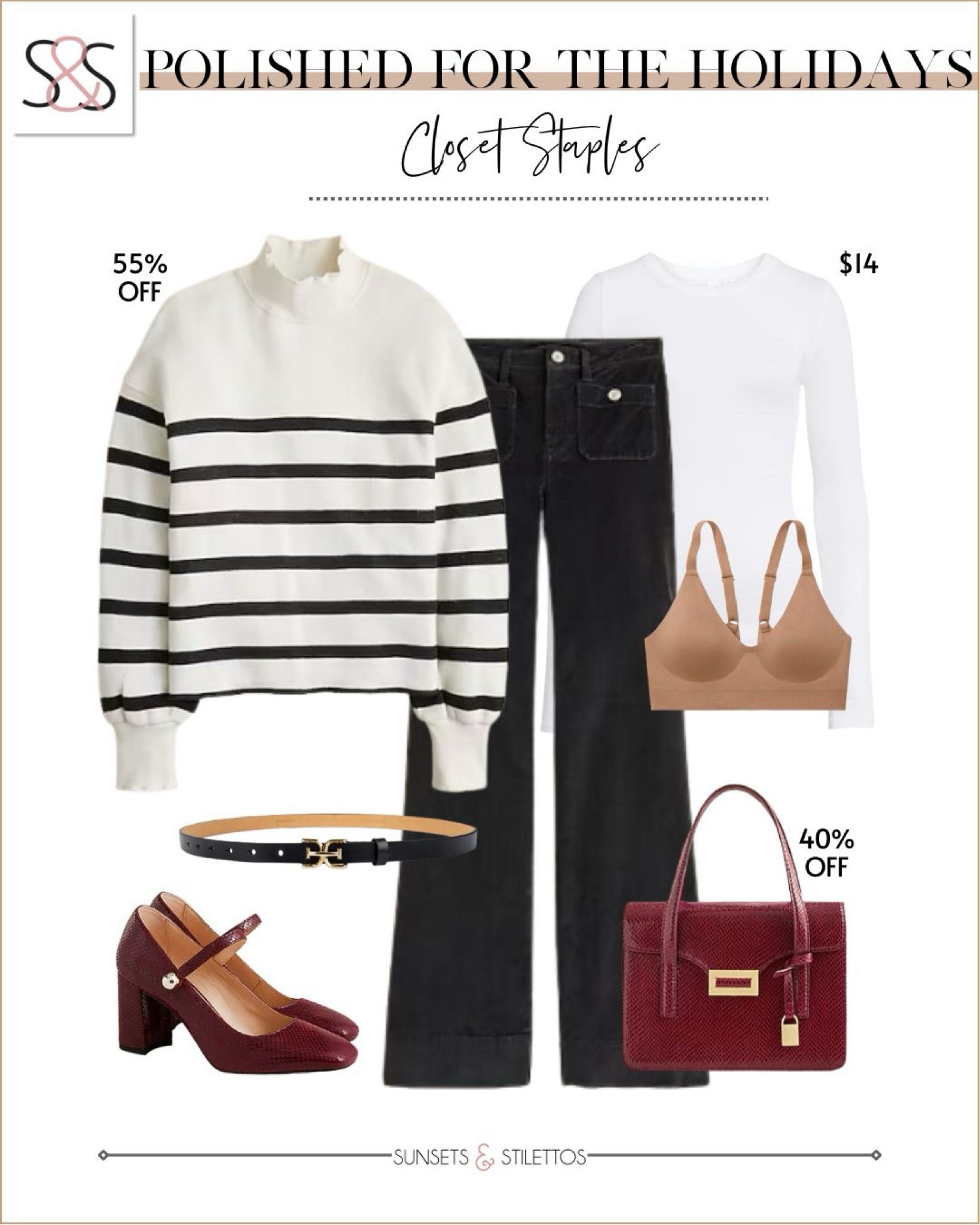 Polished and perfect for the holidays ✨ Closet staples that bring style to every occasion—from Thanksgiving dinners to Christmas parties! 🤎 This striped sweater (on major sale) and the cutest burgundy accessories are must haves for your holiday wardrobe!

Sunsets and Stilettos, workwear, black velvet jeans

#LTKCyberWeek #LTKHoliday #LTKSaleAlert