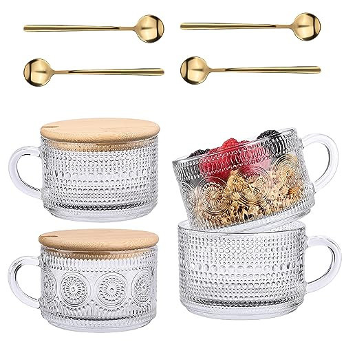 Vintage Glass Coffee Mugs Set,Clear Embossed Glass Tea Cups with Bamboo Lids and Spoons, Cute Coffee Bar Accessories, for Cappuccino, Latte, Overnight Oats, Cereal,Yogurt,Gift (4Translucent) | Amazon (US)