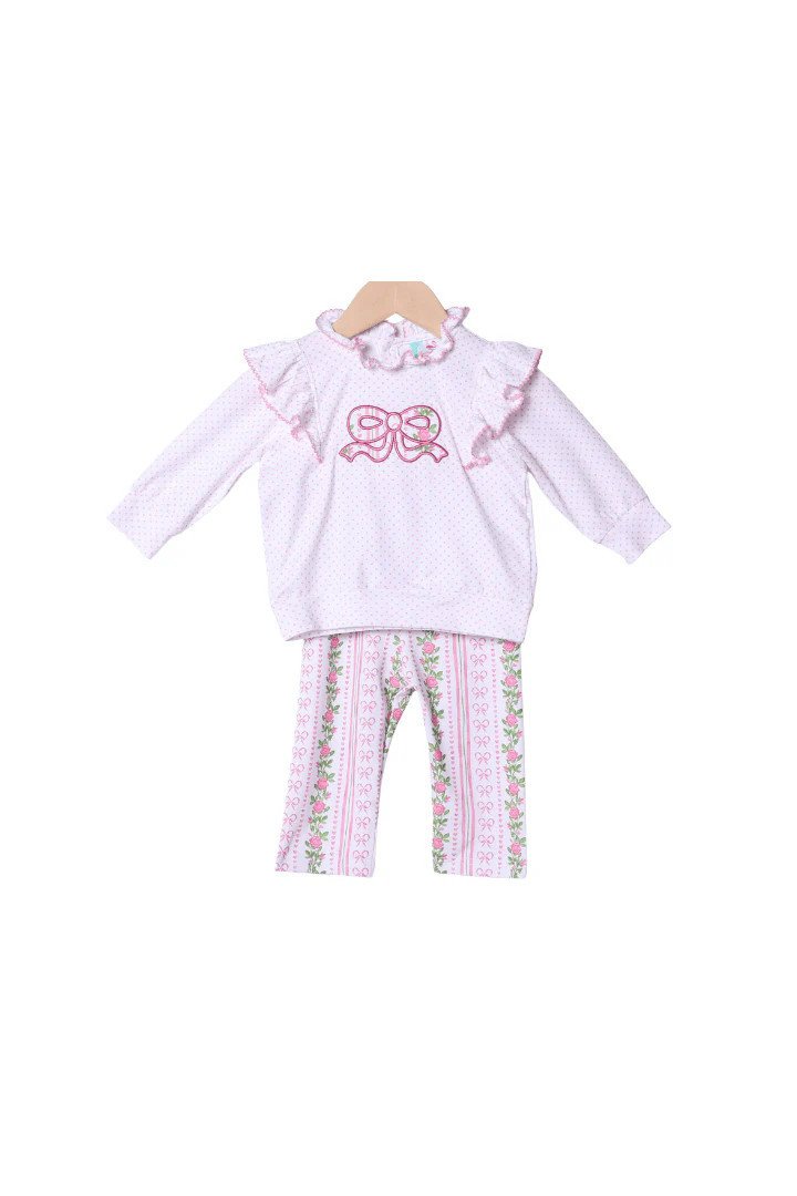 Fancy Floral Applique Bow Pant Set | The Smocked Flamingo