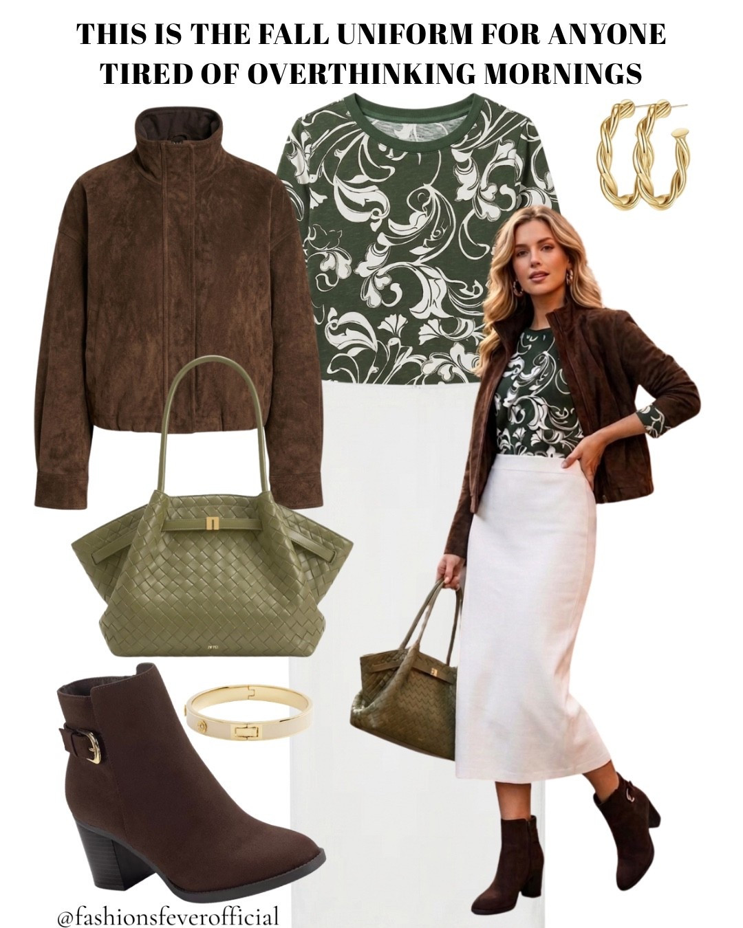 This is the fall uniform for anyone tired of overthinking mornings.

One suede jacket, one printed top, one ivory midi skirt, and the whole week gets easier. Brown and olive do all the work, no guessing required.

Save this for the next "what do I wear" morning.

#FallOutfitIdeas #FallFashion2026 #FallStyle #CasualChic #OOTD #StyleInspo #FallWardrobe #EarthTones #QuietLuxury #TimelessStyle #EverydayStyle #FallLookbook #ElevatedCasual #StyleOnABudget #AutumnStyle #ltkfall

#LTKSeasonal #LTKootd