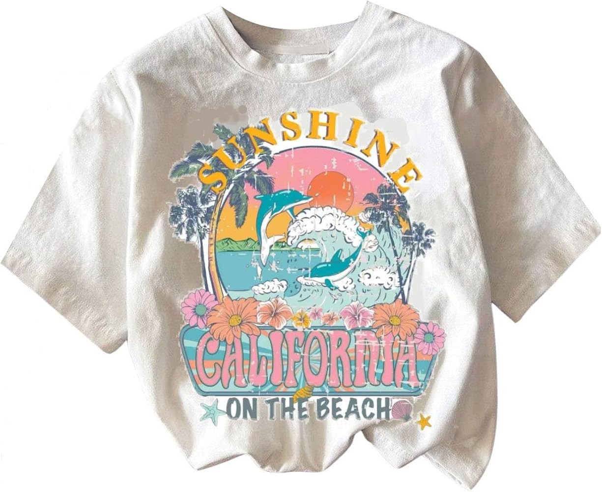 Girl's Graphic Print Tee Shirt Round Neck Short Sleeve T Shirts Summer Cute Trendy Tops | Amazon (US)