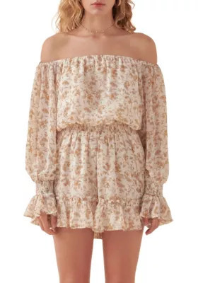 Free The Roses Women's Baroque Chiffon Floral Long Sleeve Romper, Ivory, Small | Belk