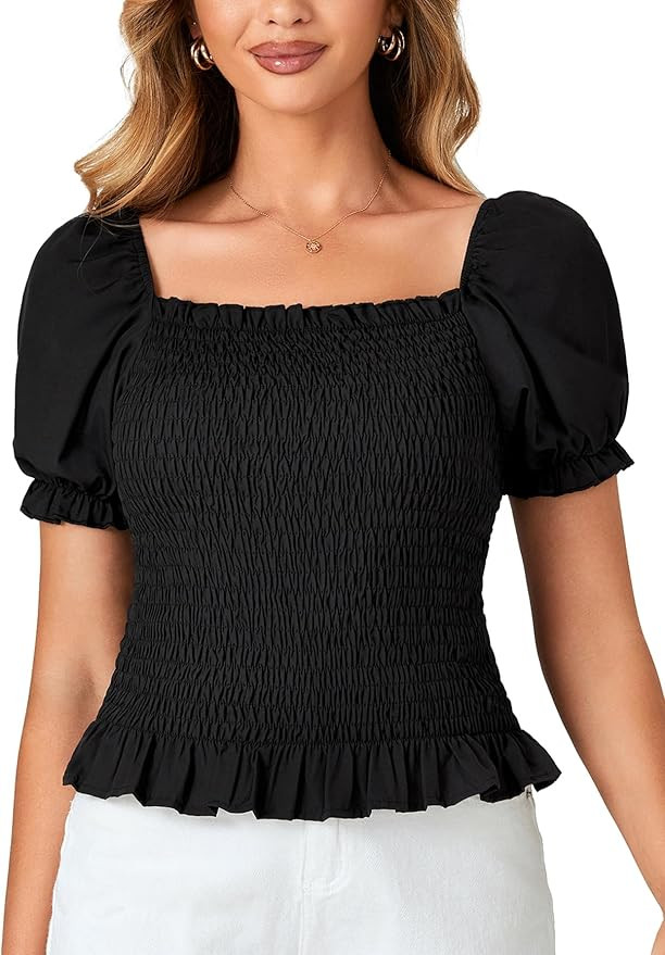 LYANER Women's Ruffle Peplum Smock Gingham Crop Top Square Neck Puff Short Sleeve Blouse Shirt | Amazon (US)