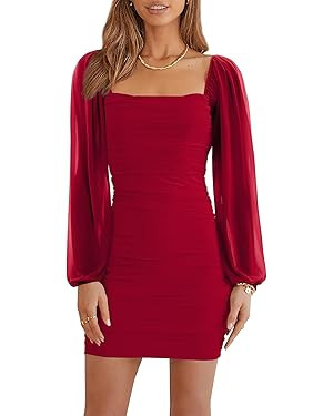 Ofenbuy Women's Mesh Long Sleeve Dress Square Neck Ruched Mini Bodycon Dress Stretch Party Cockta... | Amazon (US)