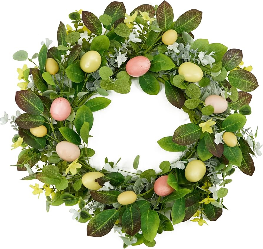 Artificial Easter Wreath Spring Door Wreath with Colorful Eggs,Flowers,Eucalyptus Leaves,Mix Leav... | Amazon (US)