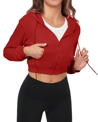 FKEEP Cropped Zip Up Hoodie Women Jacket Top Sweatshirt Casual Basic Gym Workout Sport Red | Amazon (US)