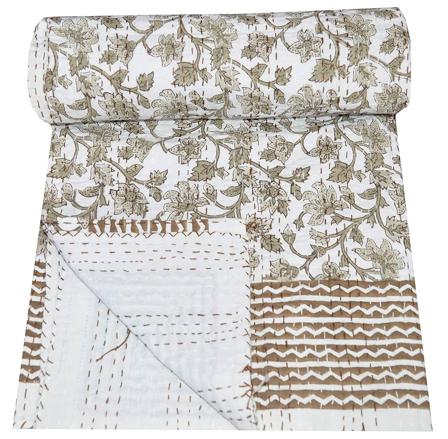 SHIRANYA Cotton Kantha Quilt Bedspread Twin Indian Handmade Floral Screen Print Throw Blanket Rev... | Amazon (US)