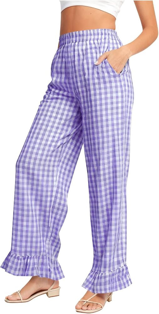 Women's Gingham Pants Y2K Wide Leg Ruffle Hem Lounge Pants Plaid Elastic Wasited Pajama Trouser w... | Amazon (US)